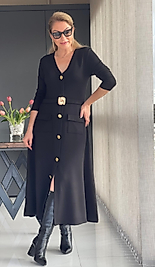 Gold düğme ve kemer detaylı v yaka elbise